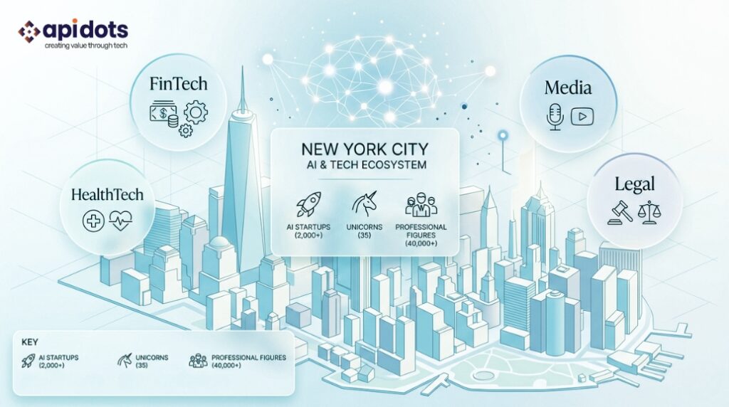 New York City AI and machine learning ecosystem showing 2000 startups 35 unicorns 40000 professionals and key funded sectors