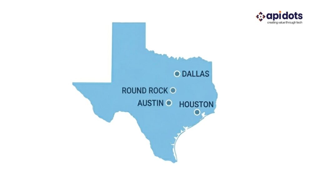 Map of top AI software companies in Texas showing Austin Dallas Houston and Round Rock locations