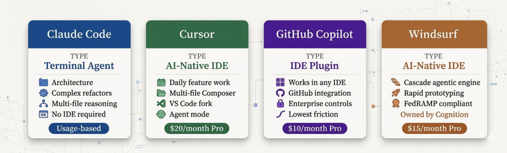 The four leading AI coding tools mapped by interface type and primary use case. Pricing from vendor pages at time of writing.