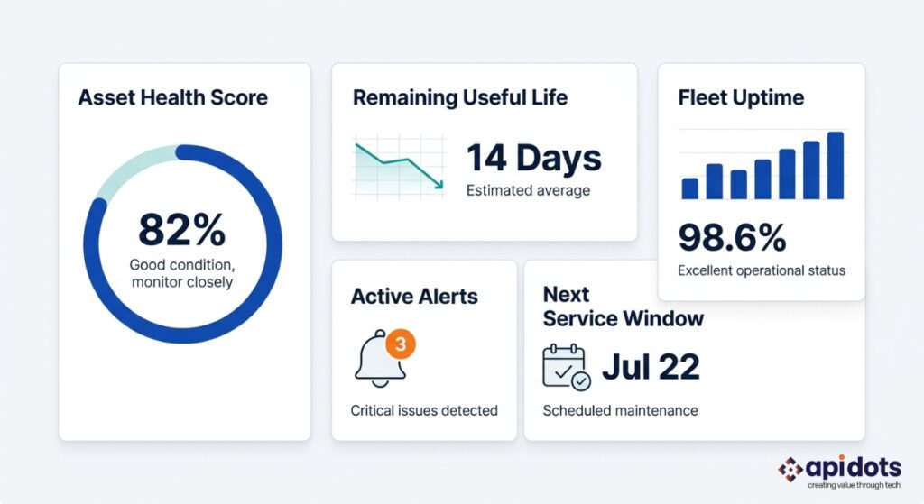 AI predictive maintenance dashboard showing asset health score, remaining useful life, and alerts