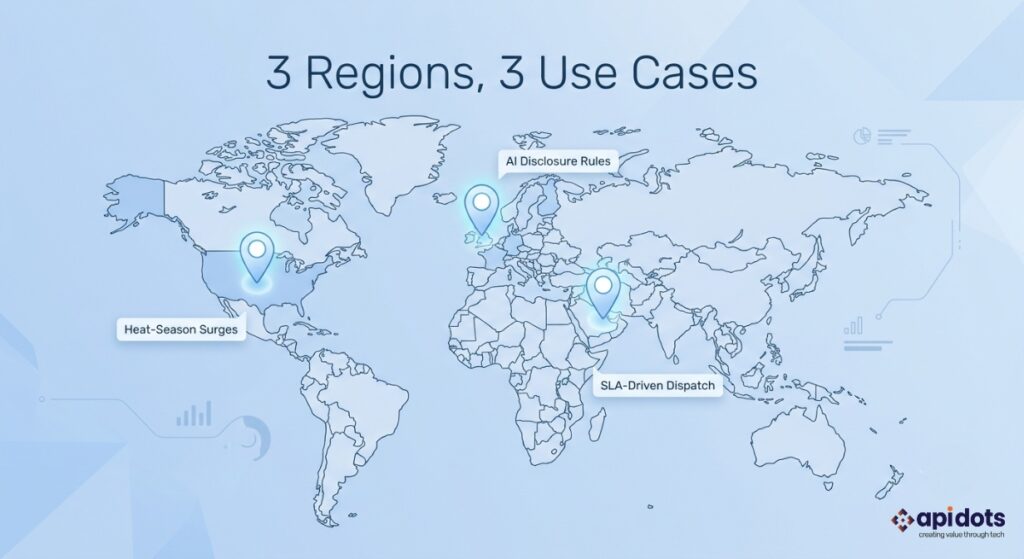Map showing how HVAC contractors worldwide use AI voice assistants for call triage