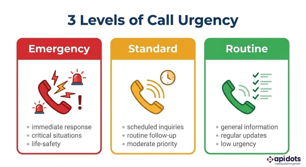 Three levels of HVAC call urgency triage: emergency, standard, and routine
